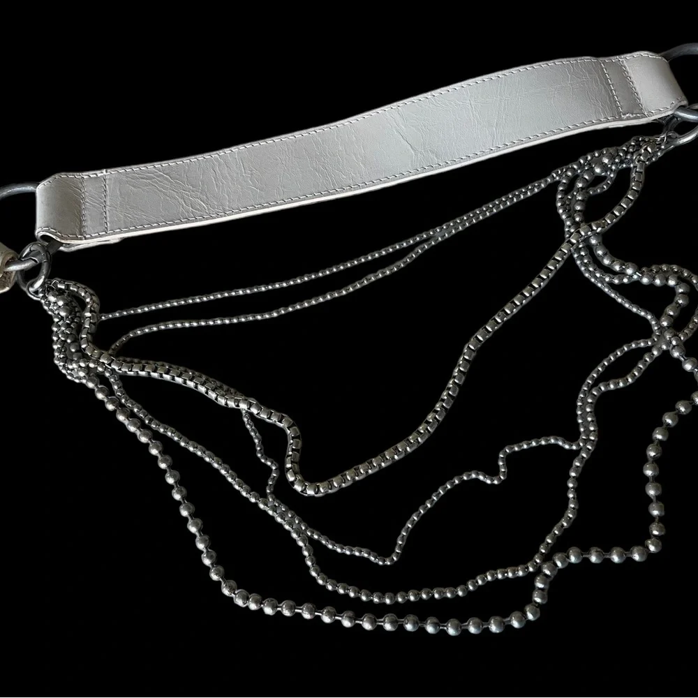 Free People White Leather Diamonte Chain Belt Distressed NEW NWOT